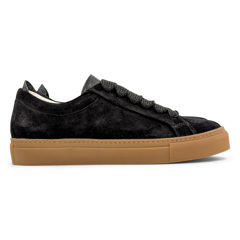 Lennon Sneaker in Black Suede with a Gum Sole